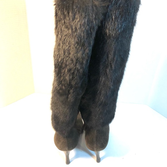 SAKS FIFTH AVENUE Dark Brown Rabbit Fur and Suede Knee High Boots - Picture 7 of 12